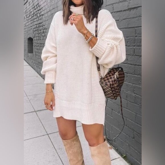 SEND OFFERS Free People Cocoa Turtleneck Oversized Ivory Sweater Tunic Dress - Picture 3 of 6
